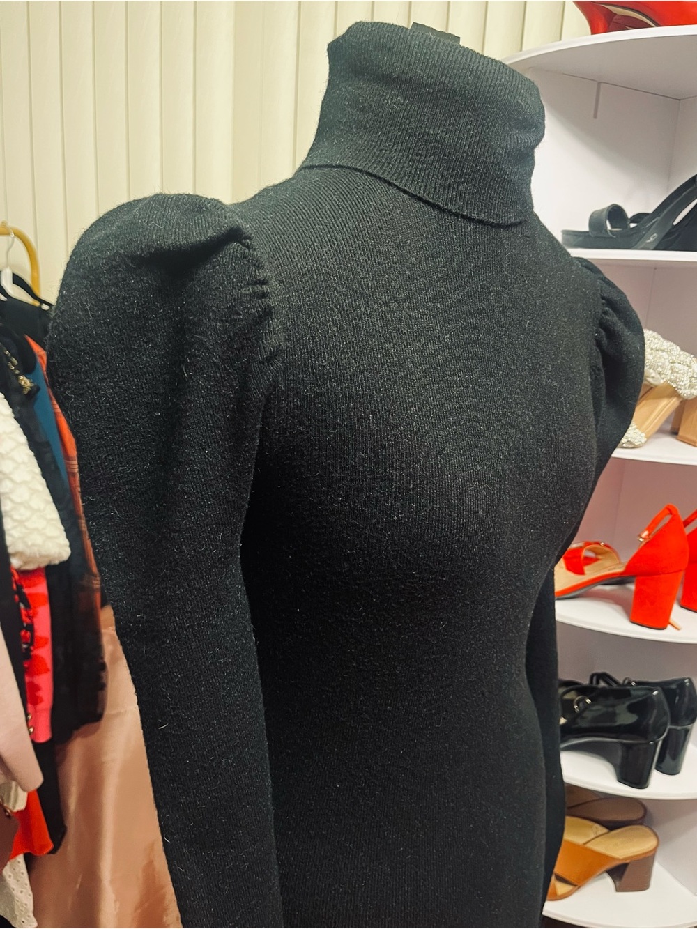 Black Turtleneck Puff-Sleeve Bodycon Dress - Picture 4 of 4